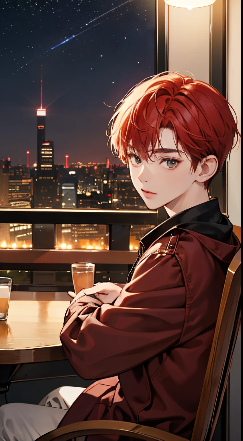(hight resolution)、​masterpiece、top-quality、Night、Red shorthair:0.8、Looking at Viewer、Sitting on a chair in a café:1.2、Shota、Casual winter clothes、Realistic facial features