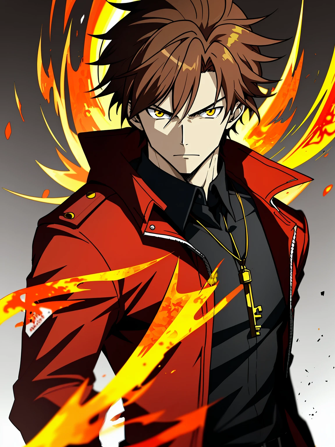 Anime character with brown hair and black shirt,Red jacket and yellow flame, Key anime art, male anime characters