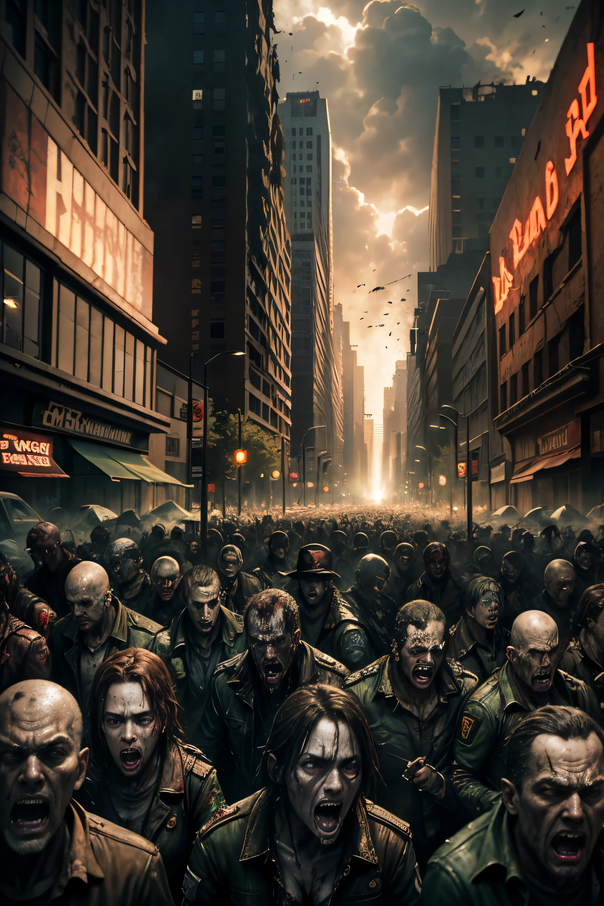 Zombies tearing at crowds in the streets,Outbreak of zombie virus in the crowd,Chaotic and dilapidated streets,A crowd fleeing in panic,Armageddon,Zombie games,Resident Evil,Realistic scenes,ultraclear,Lots of detail