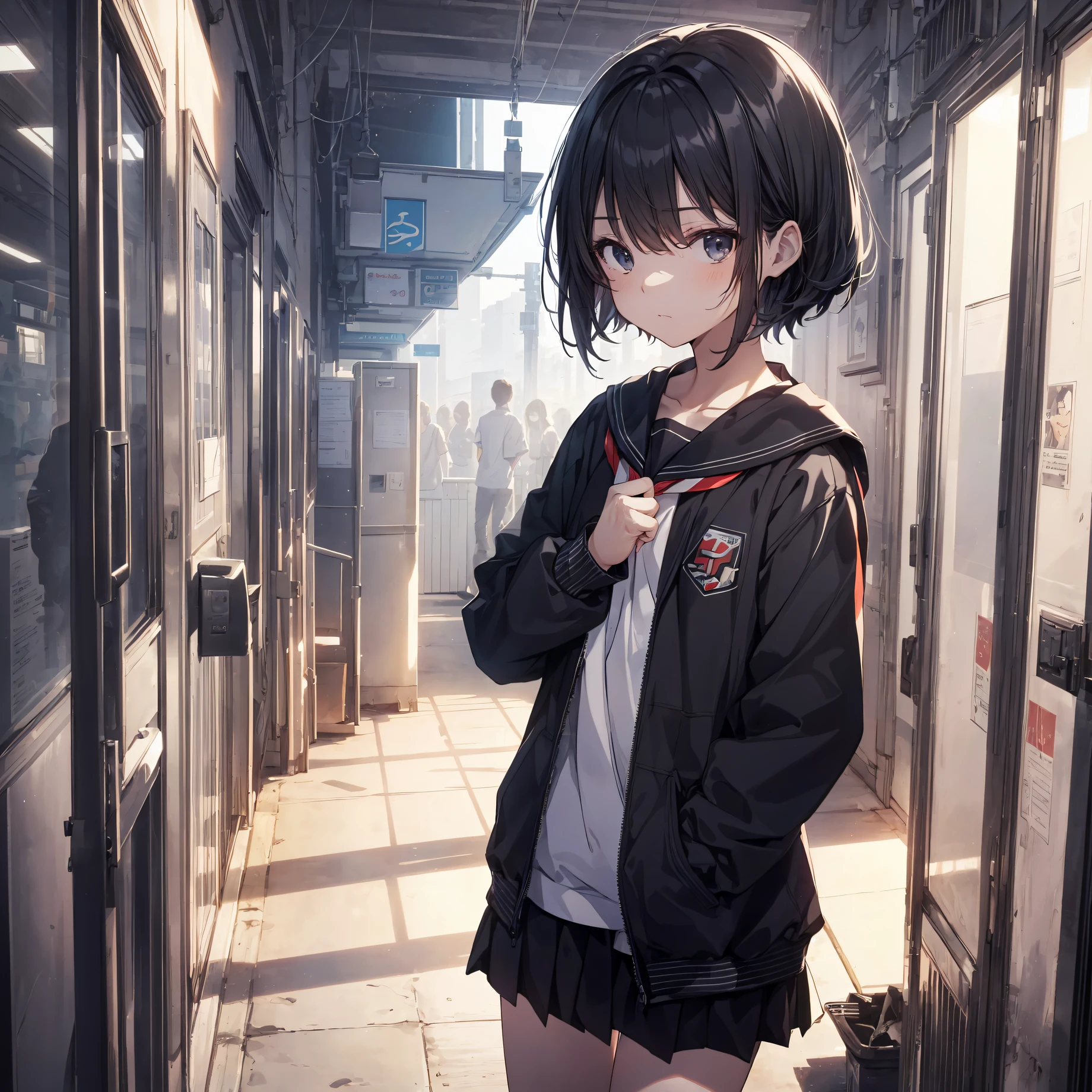 God quality,  anime moe artstyle,best anime 8k konachan wallpaper,badass anime 8k,perfect ???????, (Please draw a girl walking sleepily to school. ),break, 1girl, (Solo,Loli,child,13-year-old:1.3),a junior high school student, androgynous charm, (Very Short hair), Full limbs, complete fingers,flat chest, Small butt, groin, Small eyes,finely detailed beautiful black eyes,disgusted eyes, school Uniform, in the School commute route. break,ultra-detailed,high resolution,super detailed skin, professional lighting,8k eye details, (cool  illustration:1.2),