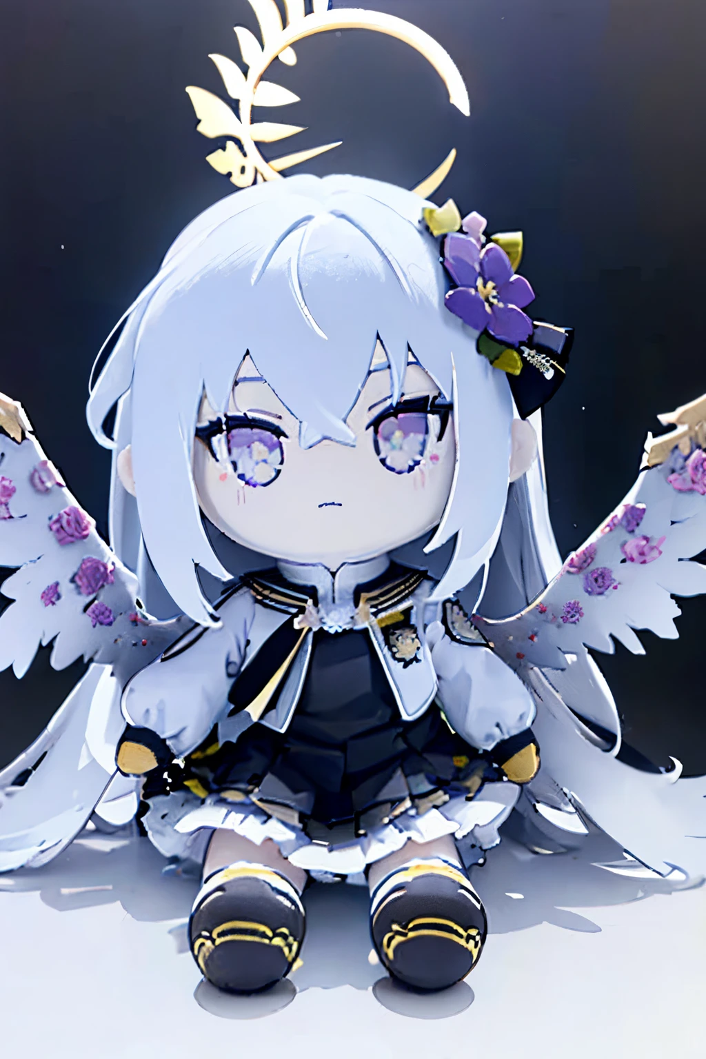 small body, chibi, front facing plushie, plushie, plush, fumo, girl plush, blue archive, angel wings on back, ahoge, silver hair, purple eyes, halo behind head, sitting down plush, white background, school uniform, skirt, a collared white shirt and a black dress overtop with frills and flowers, white capelet with a yellow Trinity logo on her right sleeve, a yellow Arius logo on her left sleeve and a gold Arius brooch adorned with flowers in the front, small, black undershirt, blank background