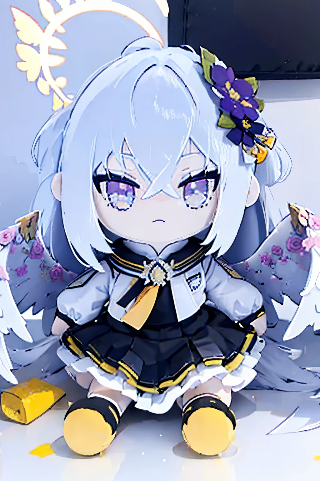 small body, chibi, front facing plushie, plushie, plush, fumo, girl plush, blue archive, angel wings on back, ahoge, silver hair, purple eyes, halo behind head, sitting down plush, white background, school uniform, skirt, a collared white shirt and a black dress overtop with frills and flowers, white capelet with a yellow Trinity logo on her right sleeve, a yellow Arius logo on her left sleeve and a gold Arius brooch adorned with flowers in the front, small, black undershirt, blank background