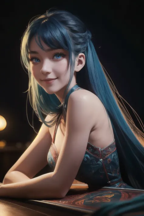 vibrant colors, dragon girl, masterpiece, sharp focus, best quality, depth of field, cinematic lighting,smile, blue hair, red ey...