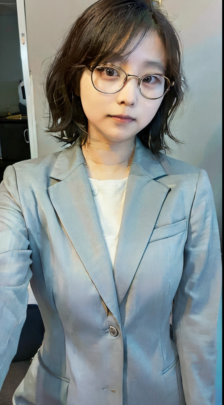 Japanese woman, returning from work, wearing suit, glasses, office lady in her 20s, light makeup