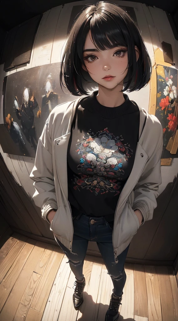 (((8k wallpaper of extremely detailed CG unit:1.2, masterpiece, hight resolution:1.2, top-quality:1.2, masutepiece))), ((a very beautiful woman, standing with hands in jacket pockets:1.8, Grunge Fashion:1.2, Wearing a blouson, Wearing skinny jeans, Wearing shoes)), ((extra detailed face, Extremely beautiful face, Highly detailed black eyes:1.2, extra detailed body, Top quality real texture skins)), (A dark-haired, bob cuts, de pele branca, Small), ((surrounded by colorful walls)), (high-angle, Fisheye:1.3), hyper realisitic, digitial painting,