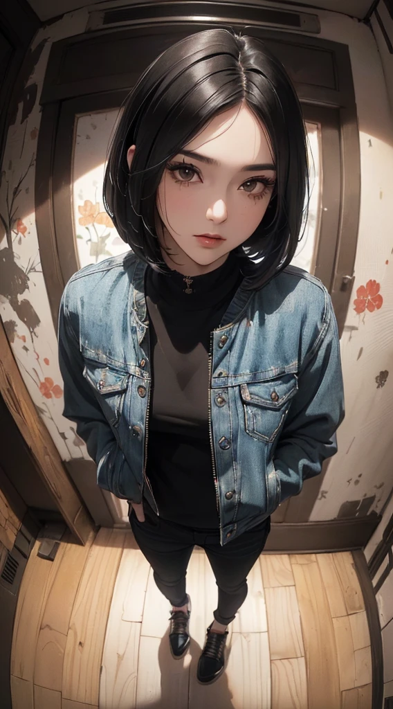 (((8k wallpaper of extremely detailed CG unit:1.2, ​masterpiece, hight resolution:1.2, top-quality:1.2, masutepiece))), ((a very beautiful woman, Hands in pockets:1.8, Grunge Fashion:1.2, wear a blouson:1.2, wearing boots)), ((extra detailed face, Highly detailed black eyes, extra detailed body, Top quality real texture skins)), (A dark-haired, length hair, de pele branca, Small:1.2), ((Colorful geometric patterns are painted all over the wall.., Colorful wall)), (high-angle:1.2, a closeup, Fisheye:1.4), hyper realisitic, digitial painting,