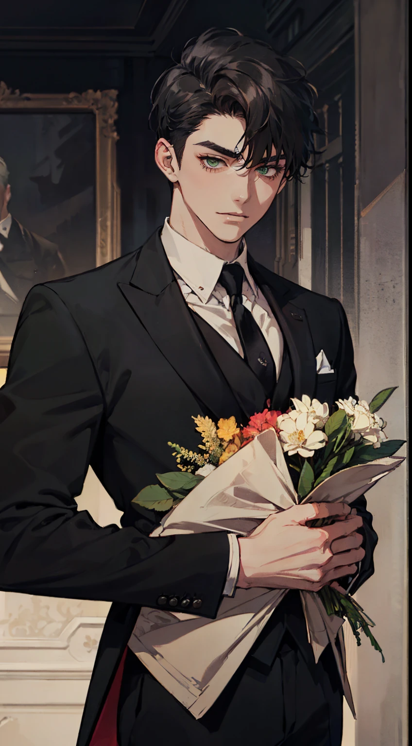 ((a young man in a black suit and tie)), taken in the early 2020s, gotham, alejandro, he looks very sophisticated, (((left side swept bang black short hair))), (dark green eyes and thick eyebrows), smirk. ((20 years old)), ((Black suite and black tie)), masterpiece, posture dynamic, one person,