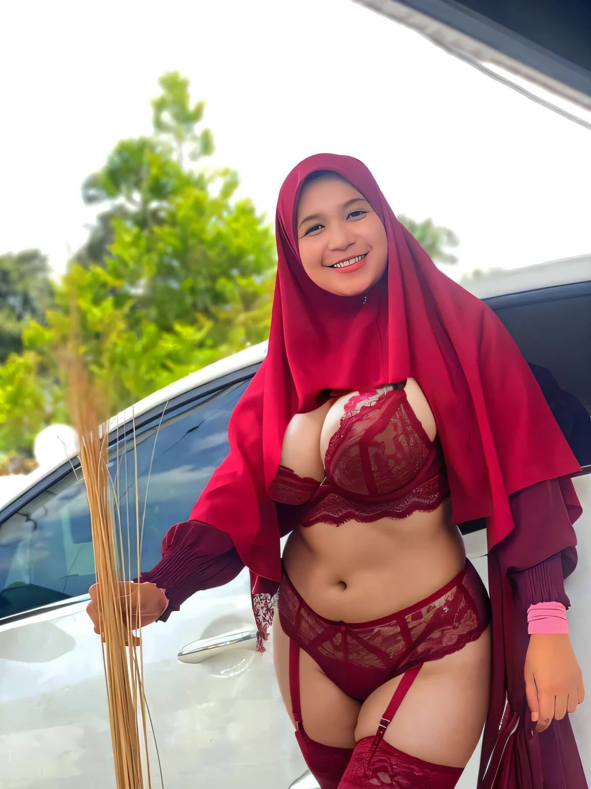 1 malay woman in hijab, uplifted hijab, smiling, big breast, slim woman body, wearing red lace bra and panties, excellent lighting, full body shot