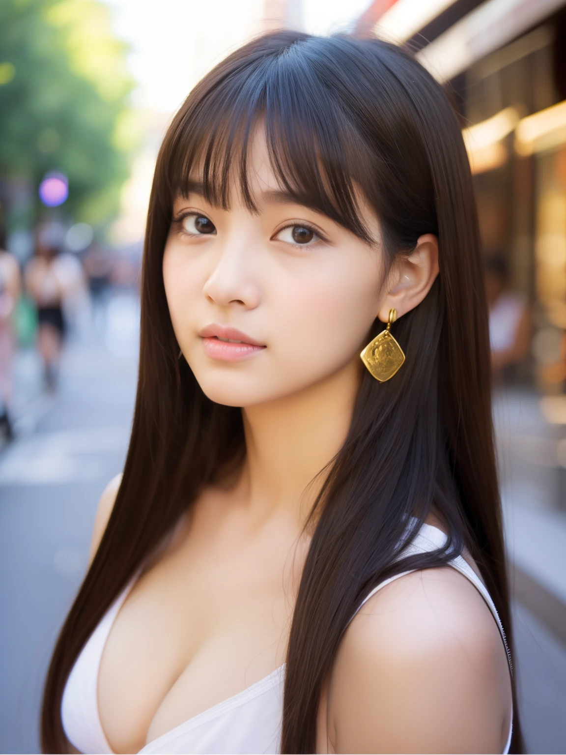 1girl in、Beautuful Women、20yr old 、street corner、in NSFW、nudde、Bring your chest together with your arms、Point your chest at the camera、Colossal tits、Bust 85cm C cup、Put your ears out、The face of the golden ratio、The body of the golden ratio、top-quality、The ultra -The high-definition、bangss、Slightly sagging eyes、Her slightly chubby face is cute、Idol、Draw the whole body from head to toe、