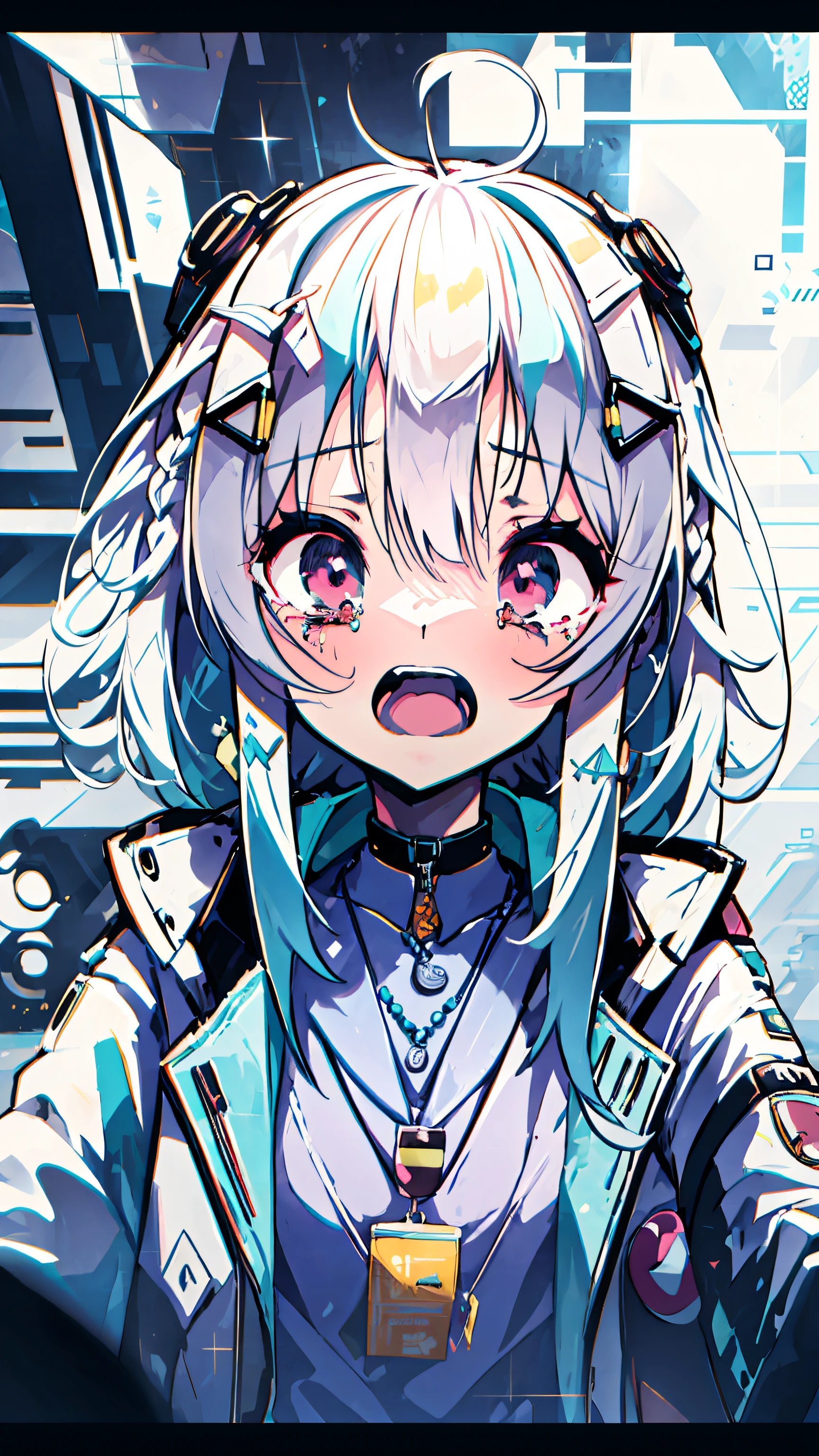 (masutepiece, Best Quality:1.2), glitched, glitched, Solo, 1girl in, aqua&#39;s cry, Screaming, Open mouth, crying with eyes open, Braided bangs, labcoat, Shirt, Single vertical stripe, Necklace