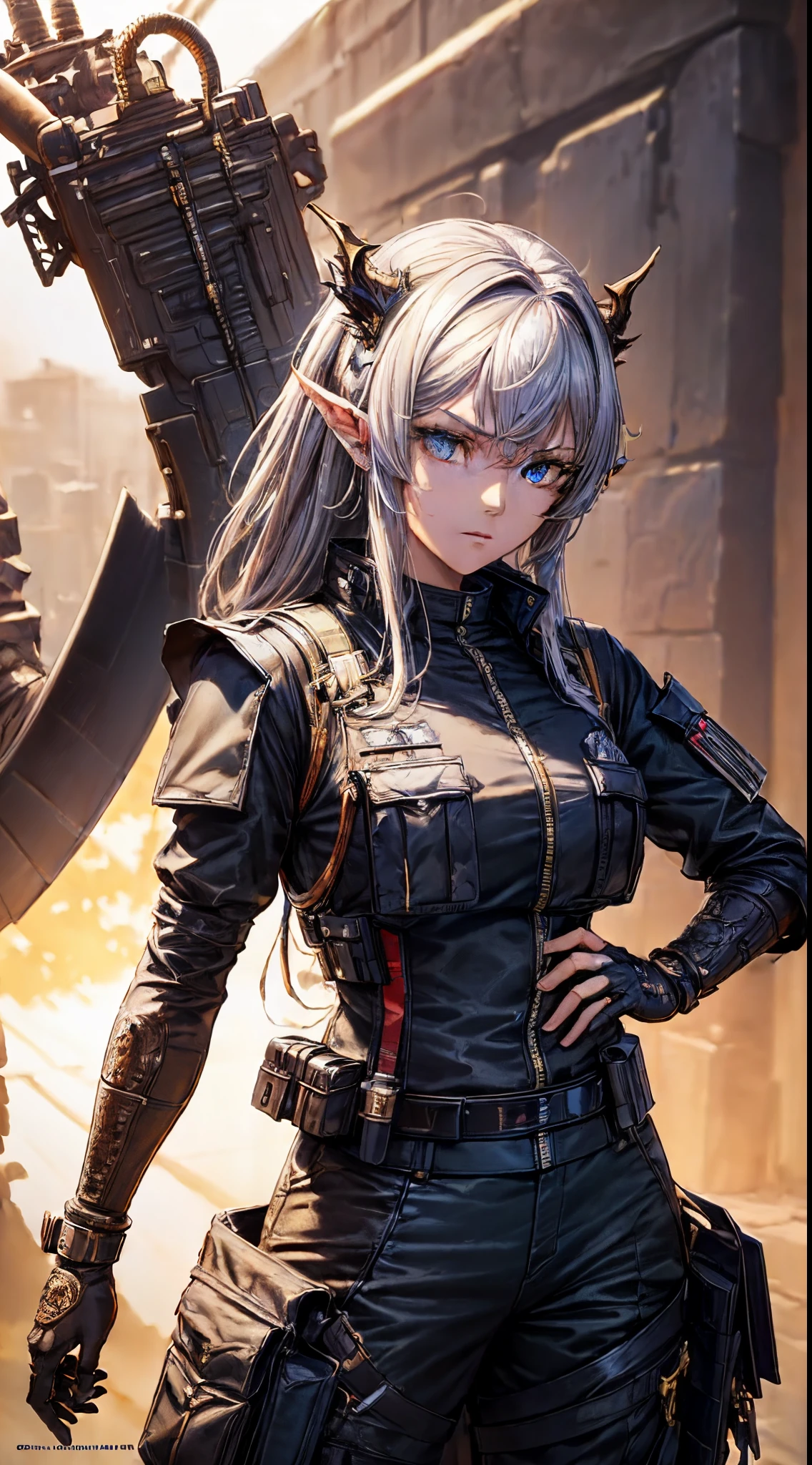 masterpiece, high quality, character concept art, (detailed face, detailed eyes, detailed body:1.5), ARKNIGHTS, sci-fi knights, anthro, dragon features, dragon horns and ears and tails, (wearing sexy elegant future outfit uniform with straps and accessories, cargo pants, military vest), holding weapon, action pose, battle damage