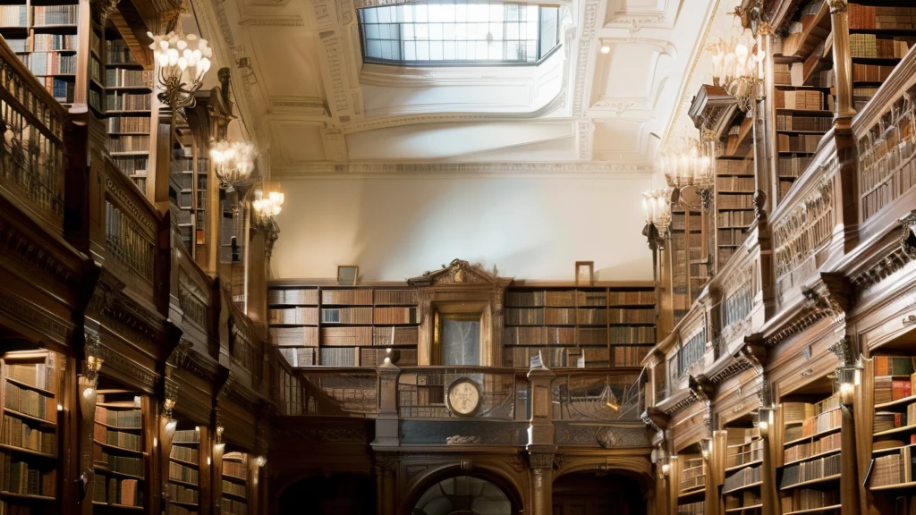 high position,oilpaint,Generate an image of an historic American library. The library features a wall lined with eight tall bookshelves, filled with books of various sizes and colors. On the opposite side, there is a large window, allowing natural light to filter into the room. The bookshelves are filled with volumes spanning various historical periods, and a sense of academic depth is present in the atmosphere. The arrangement should showcase the grandeur of knowledge contained within the library's walls, emphasizing the significance of American history. Please ensure that the books, shelves, and the window are prominently featured within the image.