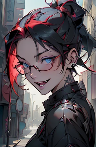 1nerdy Japanese woman with glasses, (braided multicolored hair:1.5), ((boyish)), (low pony tail:1.5), ((messy hair:1.0), (two-tone hair:1.5), (half black and half red hair:1.5)), ((on the left side is black hair:1.5), (on the right side is red hair:1.5)), (((black-rimmed round glasses))), (((beautifully detailed face))), (((perfect face))), (((Beautiful detailed eyes))), (((perfect eyes))), sharp eyes, (Dark Blue eyes:1.5), (gothic makeup with so many eyelashes and jet black eyeshadow), ((sadistic grinning smile:1.2), (open mouth:1.5)), (bronze skin:1.5), ((white open stand neck blaze:1.1), (loose crop top:1.1)), street fashion, cargo pants, (Solo), perfect , slender, small bust, abs, (thin waist), (handsome face:1.3), ((crazy smile:1.0), (teeth fangs:1.3)), (dark skin:1.5), (Narrowed Eyes:1.1), (half-closed eyes:1.4), (natural forehead:1.1), (piercings:1.3), (((black thick rimmed glasses))), (high detailed skin), ((top-quality)), ((High Definition)), ((beautiful detailed)), high quality shadow, mostly cloudy sky, ((official art)), octane render, two-tone lighting, (Cyberpunk city street background, detailed background), White balance, Long Exposure, Depth of Field, anatomically correct, (((Best Quality))), (((masterpiece))), (((Super Detail))), (((UHD)))