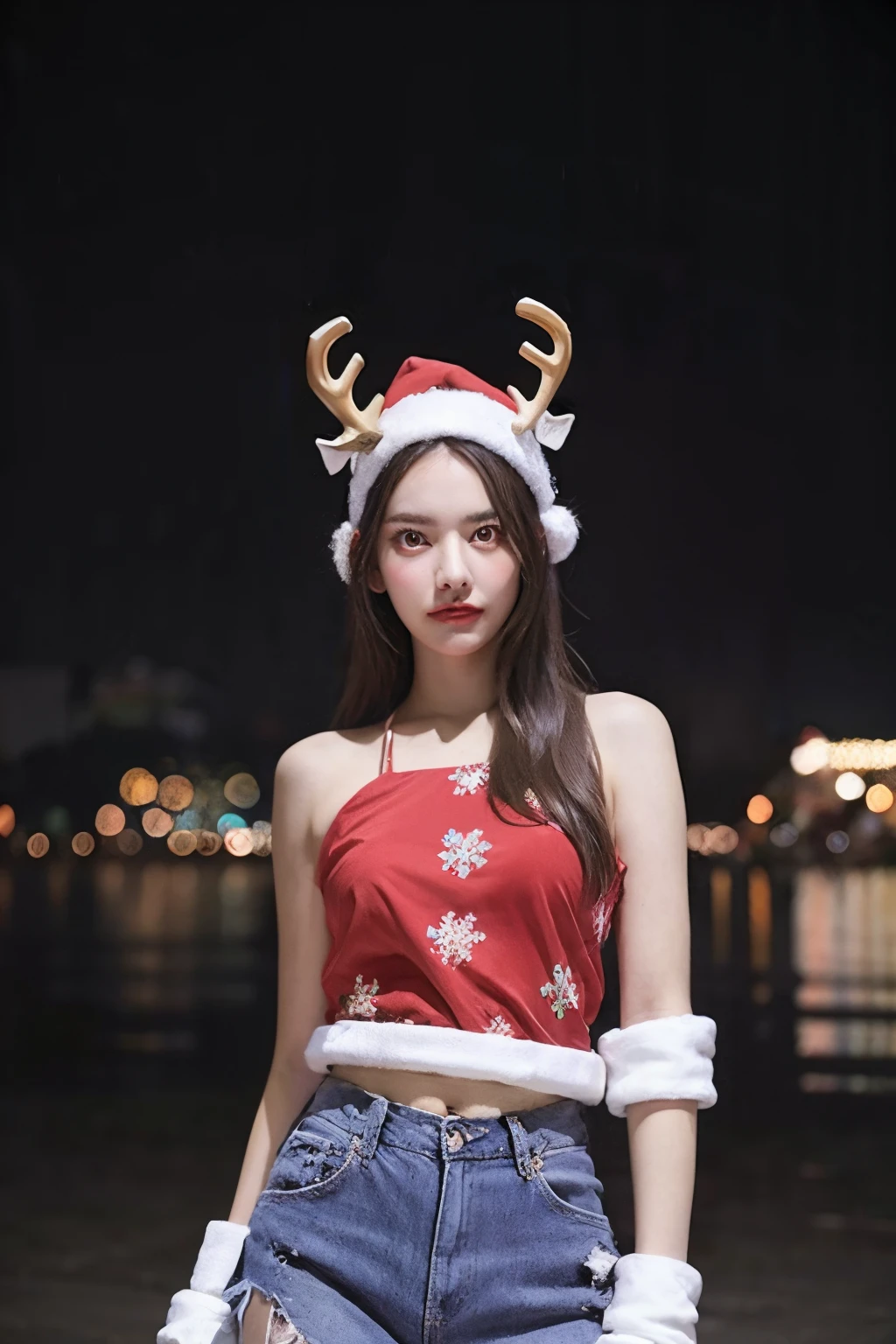 Masterpiece,Row photo, full body shoot, photography, details,araffe with a santa clause and a christmas tree, 🤬 🤮 💕 🎀, wearing festive clothing, 🕹️ 😎 🔫 🤖 🚬, wearing a santa hat, wearing santa hat, by Julia Pishtar, young woman with antlers, brandon woelfel, christmas night, 1614572159, unknown artist, Christmas Party, lightings