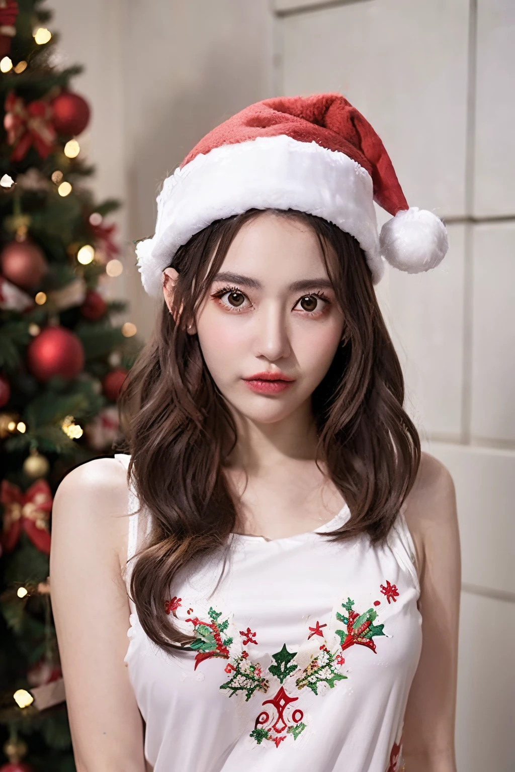 Masterpiece,Row photo, full body shoot, photography, details,araffe with a santa clause and a christmas tree, 🤬 🤮 💕 🎀, wearing festive clothing, 🕹️ 😎 🔫 🤖 🚬, wearing a santa hat, wearing santa hat, by Julia Pishtar, young woman with antlers, brandon woelfel, christmas night, 1614572159, unknown artist, Christmas Party, lightings