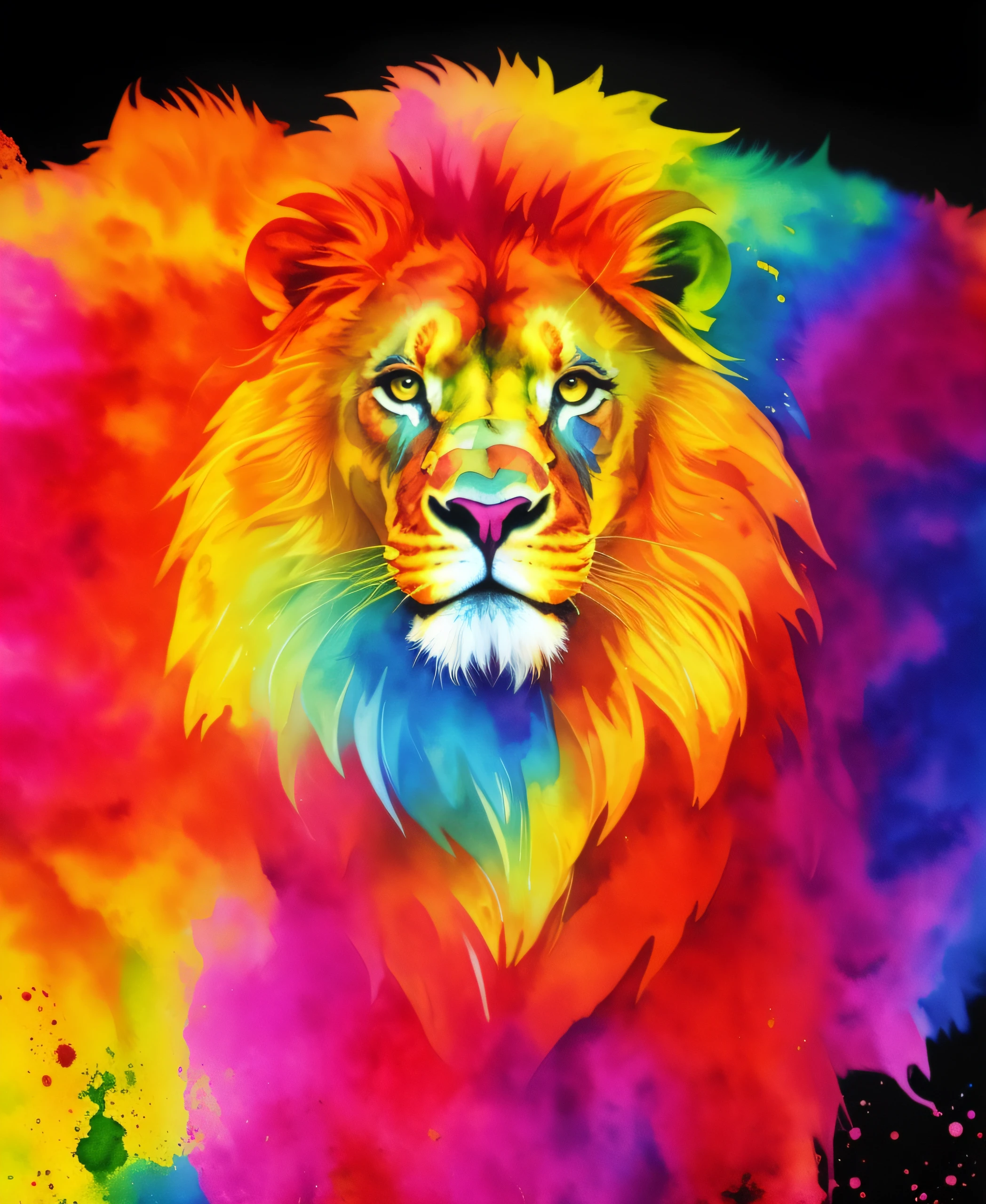 brightly colored lion on black background with watercolor effect, lion head, wallpaper 4 k, wallpaper 4k, painted in bright water colors, prideful look, lion, colorful hd picure, beautiful art uhd 4 k, half lion, fierce expression 4k, with the mane of a lion, amoled wallpaper, digital art animal photo, amazing wallpaper