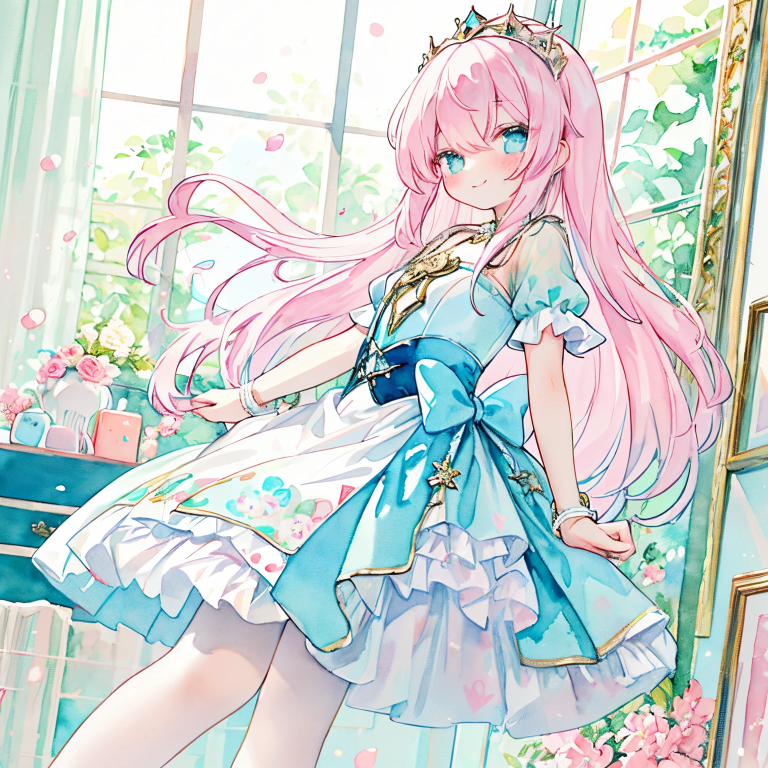 1girl with、30 year-old woman、From Side、Fluttering hair、A smile、striking contrast、Beautifully detailed、、(PastelColors:1.5)、、(watercolor paiting:1.2)、A smile、1girl in、Ensemble inspired by the Nutcracker ballet,
Inspired by ballet、Tulle skirt in shades of blush or pastel pink,
Close-fitting bodice with delicate lace and sequin details,
Add a quirky touch with satin ballet flats or pointe shoes,
Tiara or hair accessory decorated with miniature ornaments,、looking at the viewers