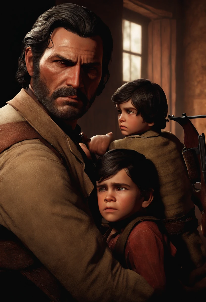 A picture of John teaching his grandson how to shoot a rifle.,Red Dead Redemption,A man with shoulder-length black hair he has swept back. Black stubble. Mid-thirties. Half of his face has claw mark scars.