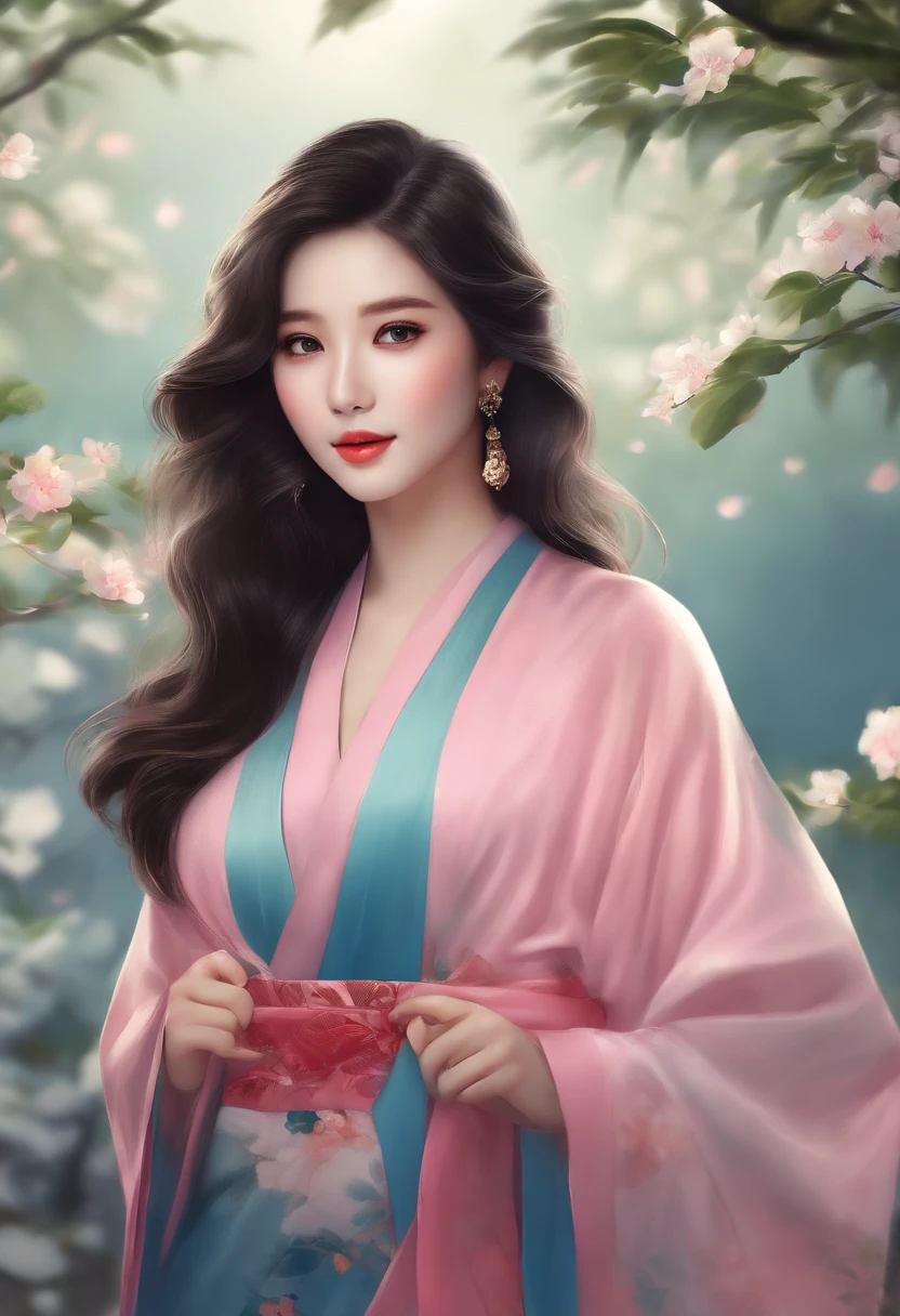 （Best quality at best，tmasterpiece），1girl，dignified，The eyes are cold，Pull up your hair，black color hair，Pink loose kimono，solid blue background，Line drawing
