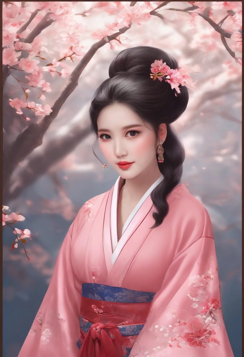 （Best quality at best，tmasterpiece），1girl，dignified，The eyes are cold，Pull up your hair，black color hair，Pink loose kimono，solid blue background，Line drawing