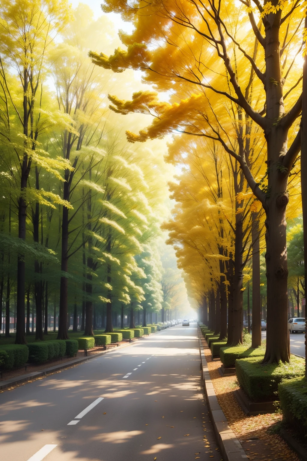 Wide Golden Avenue,The sides are densely wooded,warm sunlight。