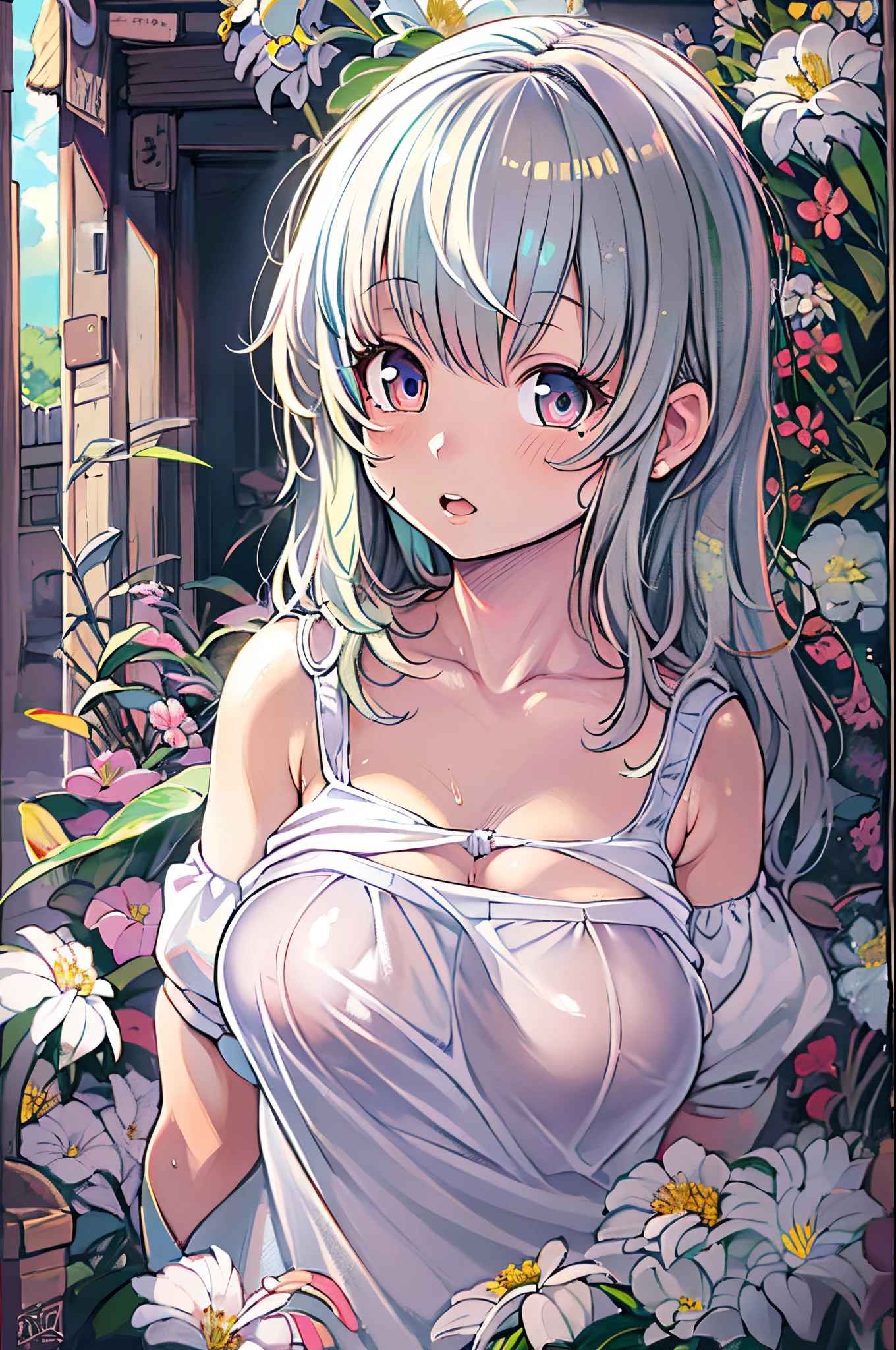 anime girls, Realistic Shadows, Detailed skin, Very small breasts, Black hair, Very detailed, 8K highly detailed face, Perfect face shape, Perfect perfect lips, Perfect nose, Correct beautiful eyes, Watching Viewer, White shirt, Hair Flowers, masutepiece, Best Quality, Single Girl, No bra, no panty, Solo