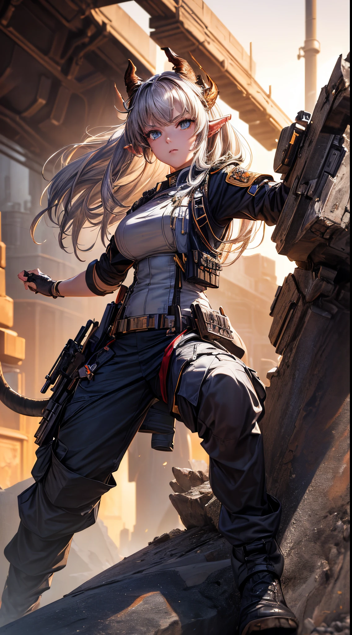 masterpiece, high quality, character concept art, (detailed face, detailed eyes, detailed body:1.5), ARKNIGHTS, sci-fi knights, anthro, dragon features, dragon horns and ears and tails, (wearing sexy elegant future outfit uniform with straps and accessories, cargo pants, military vest), holding weapon, action pose, battle damage