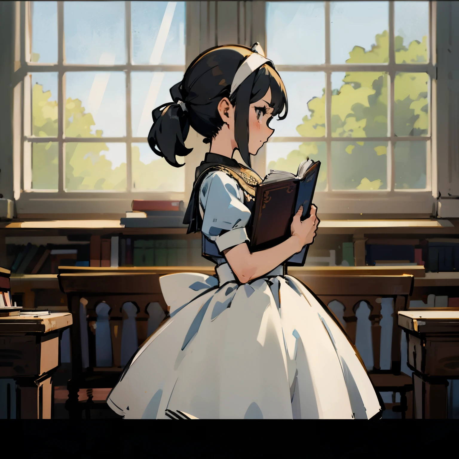 retro dress,pony tails,libraryai,looking at book,Quiet,beside the window,white outline