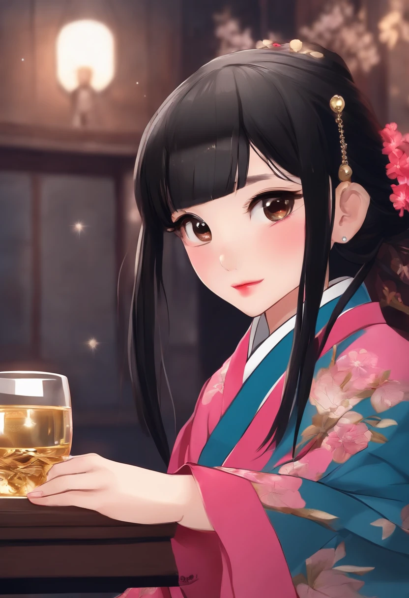 (Best quality at best,tmasterpiece),1girl,dignified,The eyes are cold,Pull up your hair,black color hair,Pink loose kimono,solid blue background,Comic style
