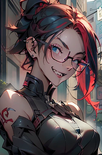 1nerdy Japanese 30yo woman with glasses, (braided multicolored hair:1.5), ((boyish)), (low pony tail:1.5), ((messy hair:1.0), (two-tone hair:1.5), (half black and half red hair:1.5)), ((on the left side is black hair:1.5), (on the right side is red hair:1.5)), (((black-rimmed round glasses))), (((beautifully detailed face))), (((perfect face))), (((Beautiful detailed eyes))), (((perfect eyes))), sharp eyes, (Dark Blue eyes:1.3), (gothic makeup with so many eyelashes and jet black eyeshadow), ((sadistic grinning smile:1.2), (open mouth:1.5)), (bronze skin:1.5), ((white open stand neck blaze), (loose crop top)), street fashion, (Solo), perfect anatomy, slender, small bust, abs, (thin waist), (handsome face:1.3), ((crazy smile:1.0), (teeth fangs:1.3)), (dark skin:1.5), (Narrowed Eyes:1.1), (half-closed eyes:1.4), (natural forehead:1.0), (piercings:1.2), (((black thick rimmed glasses))), (high detailed skin), ((top-quality)), ((High Definition)), ((beautiful detailed)), high quality shadow, mostly cloudy sky, ((official art)), octane render, two-tone lighting, (Cyberpunk city street background, detailed background), anatomically correct, (((Best Quality))), (((masterpiece))), (((Super Detail))), (((UHD))), side view
