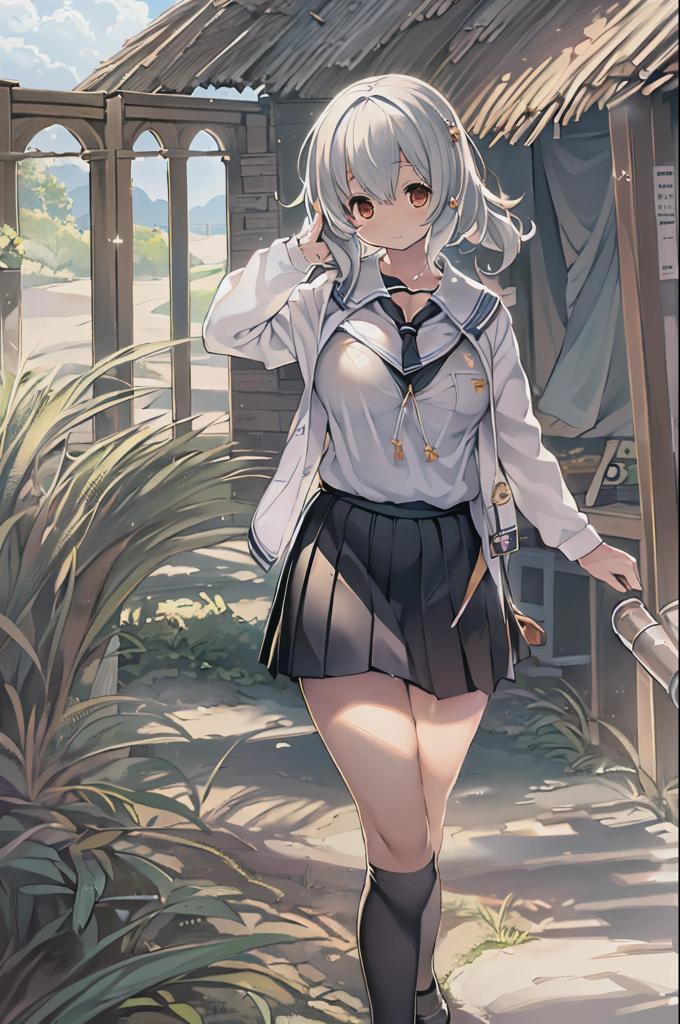 ((masutepiece)), ((Best Quality)), ((hight resolution)), ((the Extremely Detailed CG Unity 8K Wallpapers)), Solo, Tachibana plays, Tan School Uniform, Black skirt, White socks, Outdoors, Face, curtained hair, Beach, parted hair, Silver hair