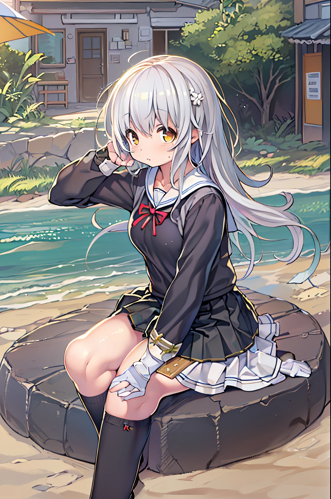((masutepiece)), ((Best Quality)), ((hight resolution)), ((the Extremely Detailed CG Unity 8K Wallpapers)), Solo, Tachibana plays, Tan School Uniform, Black skirt, White socks, Outdoors, Face, curtained hair, Beach, parted hair, Silver hair