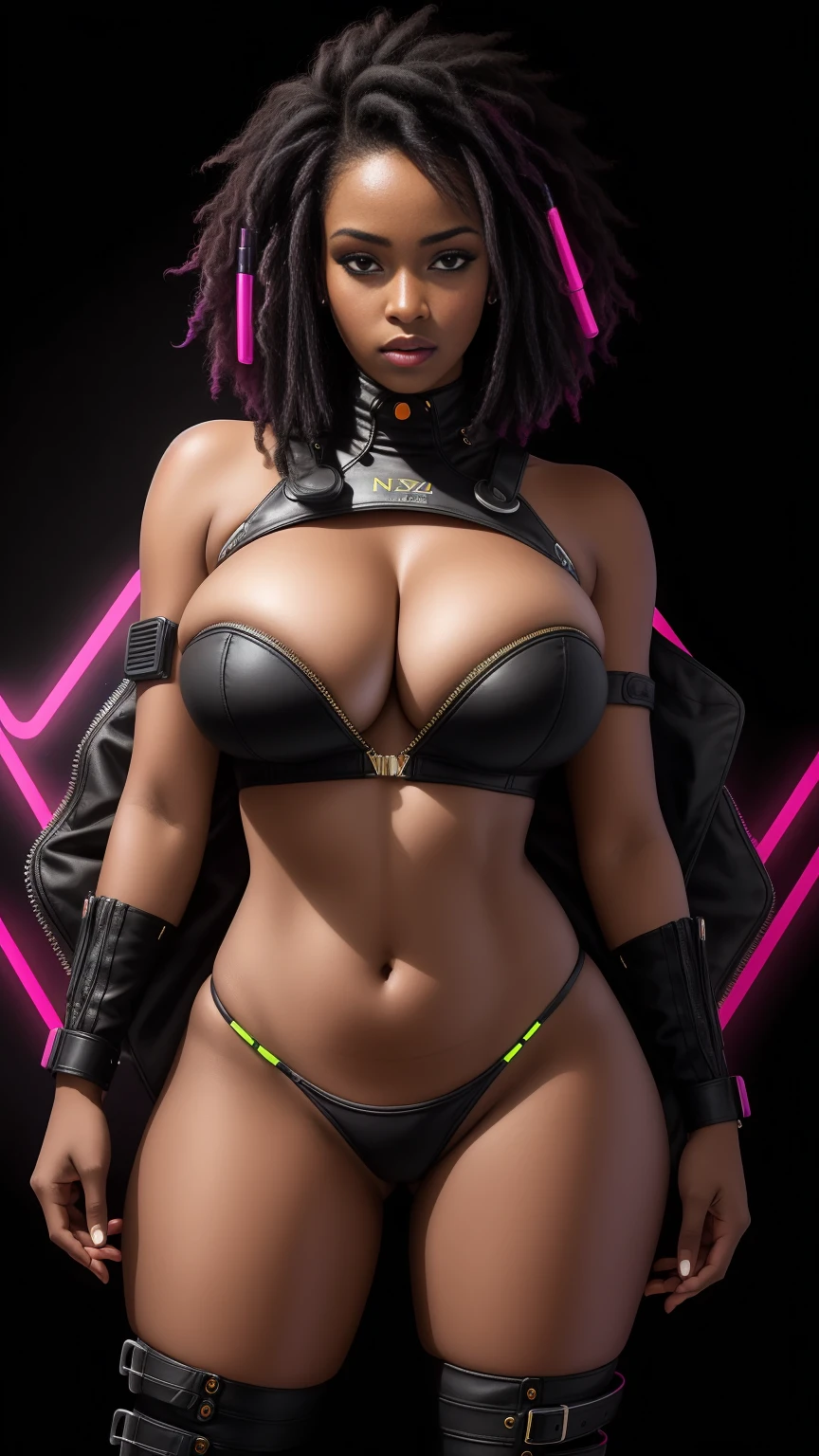 there is an African woman standing, 3 d neon art of a womans body, neon-noir background, cyberpunk femme fatale, seductive cyberpunk dark fantasy, cyberpunk strip clubs, cyberpunk 20 y. o model girl, oppai cyberpunk, banner, high definition cgsociety, cgsociety masterpiece, trending on cgstation, kda, random hair, looking at camera, gigantic breasts, cleavage, (high detailed skin:1.2), 8k uhd, dslr, super lighting, high quality, film grain, high res, highly detailed, hyper realistic, beautiful face, beautiful body, beautiful eyes nose lips, alluring expression, very bold, upper boobs visible, full body photo, standing legs apart, pale translucent glowing skin, most beautiful face, cute, (well defined pubic hair:1.2)), (dark plain black background:1.4))