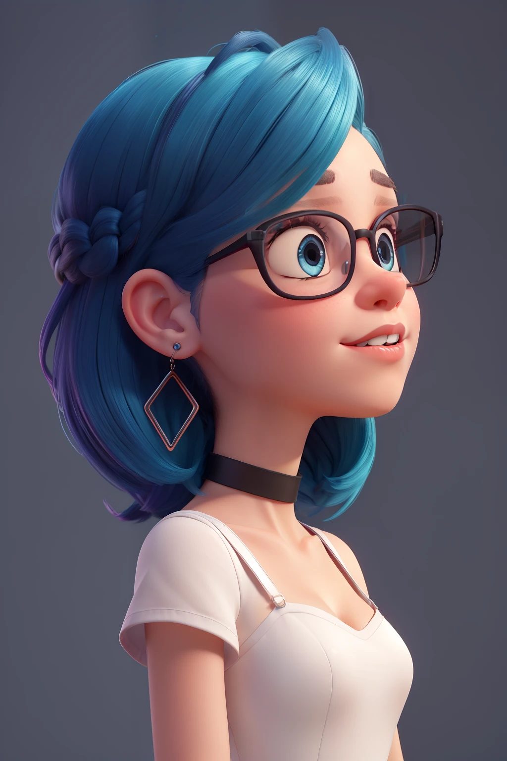 8k wallpaper, masterpiece, movie lighting, best quality, illustration, dramatic angle, ((color: 1.1)), ((color inner hair: 1.4)), 1girl, solo, long hair, water, blue eyes, black glasses, choker, parted lips, white choker, liquid hair, black hair, bangs, from side, side, upper body, simple background, gray background, bare shoulders, portrait, looking at the audience, white dress, hair between eyes, white background, earrings,