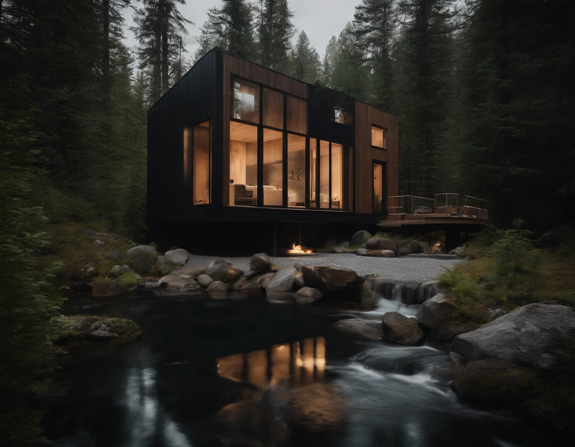 Exterior image of a tiny house duplex house in a Scandinavian nature, standing wood panel, mirror walls, avantgarde, sci-fi, science fiction, waterfall, panorama glass windows, forests, waterfall inside atrium, rocks, futuristic, floating, modern, natural pond of water,