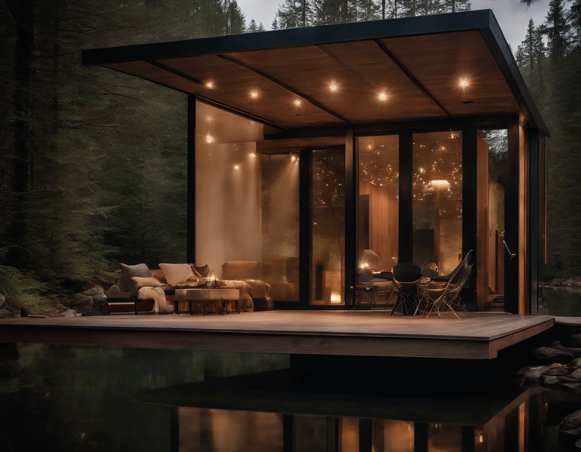 Exterior image of a tiny house duplex house in a Scandinavian nature, standing wood panel, mirror walls, avantgarde, sci-fi, science fiction, waterfall, panorama glass windows, forests, waterfall inside atrium, rocks, futuristic, floating, modern, natural pond of water,