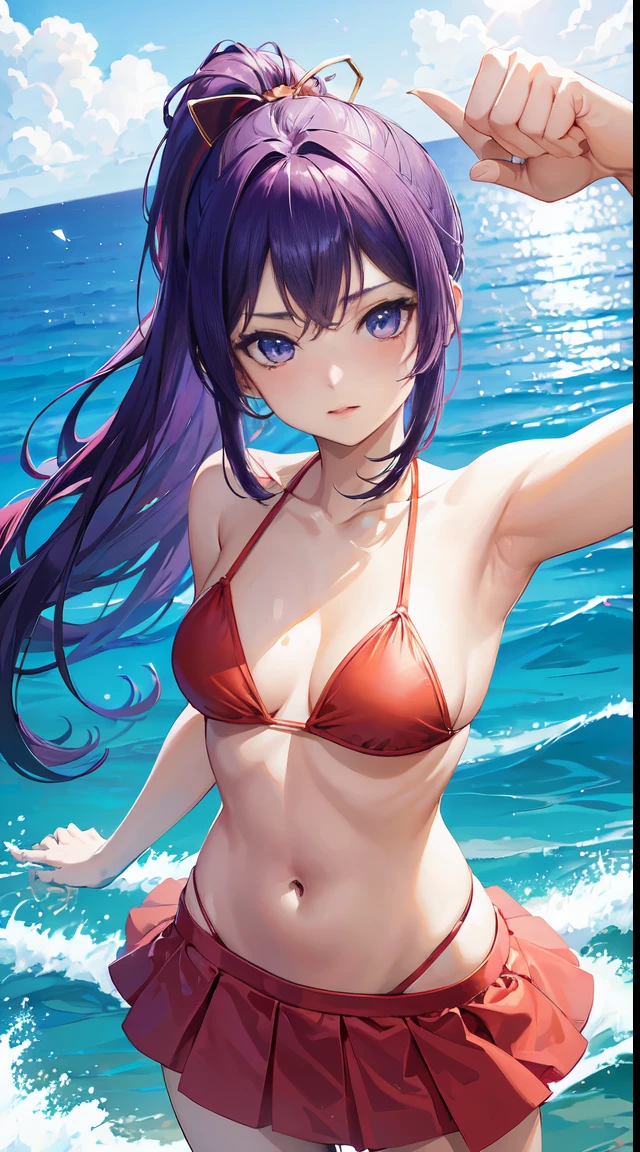 , 1girl, anime style, skinny body, Anime girl wearing red bikini top flounced with cover up purple sarong, blue skirted bikini bottom, light golden long ponytail hair, blue eyes colour, pose picture of her cute pose, straight on the beach, anime art wallpaper, detailed, 8k, high quality