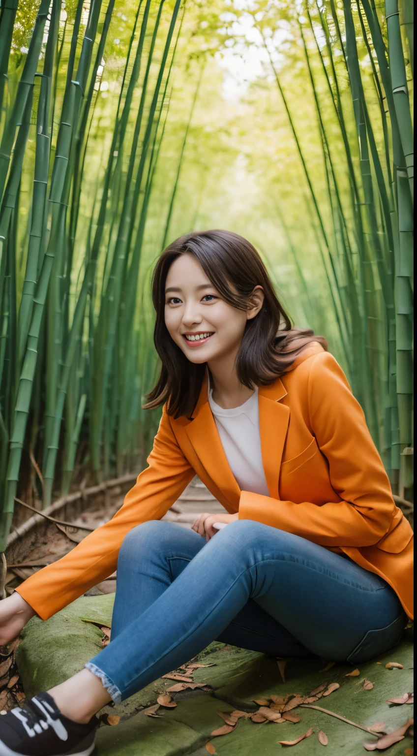 On a vibrant autumn afternoon,Figure 1 is from the highest quality 8K masterpiece.3,Shows a 19 year old girl。She is wearing an orange blazer and skinny jeans,Sitting quietly in the bamboo forest。Sunlight shines through mottled bamboo leaves,A layer of soft light and shadow enveloped her body。Her skin looks fairer in the sun,Contrast with orange blazer。 from this angle,we can see the girl'of the whole body。She is slim and healthy,This sportswear suits her figure very well,show her energetic image。Her legs spread naturally,Cross your hands at your waist,appear confident and powerful。 That girl'The eyes are bright and determined,smiling and looking into the camera,It seems to be telling a story about struggle and hard work.。Her smile is like the autumn sunshine shining in the bamboo forest,Make people feel the vitality of youth and vitality of life。in this picture,We seem to feel her inner determination and love for life。 Surrounded by dense bamboo forest,Abundant greenery,The river is gurgling,Create dynamic scenes with girls。This scene is like a passionate poem,Telling about the beautiful time in autumn afternoon。