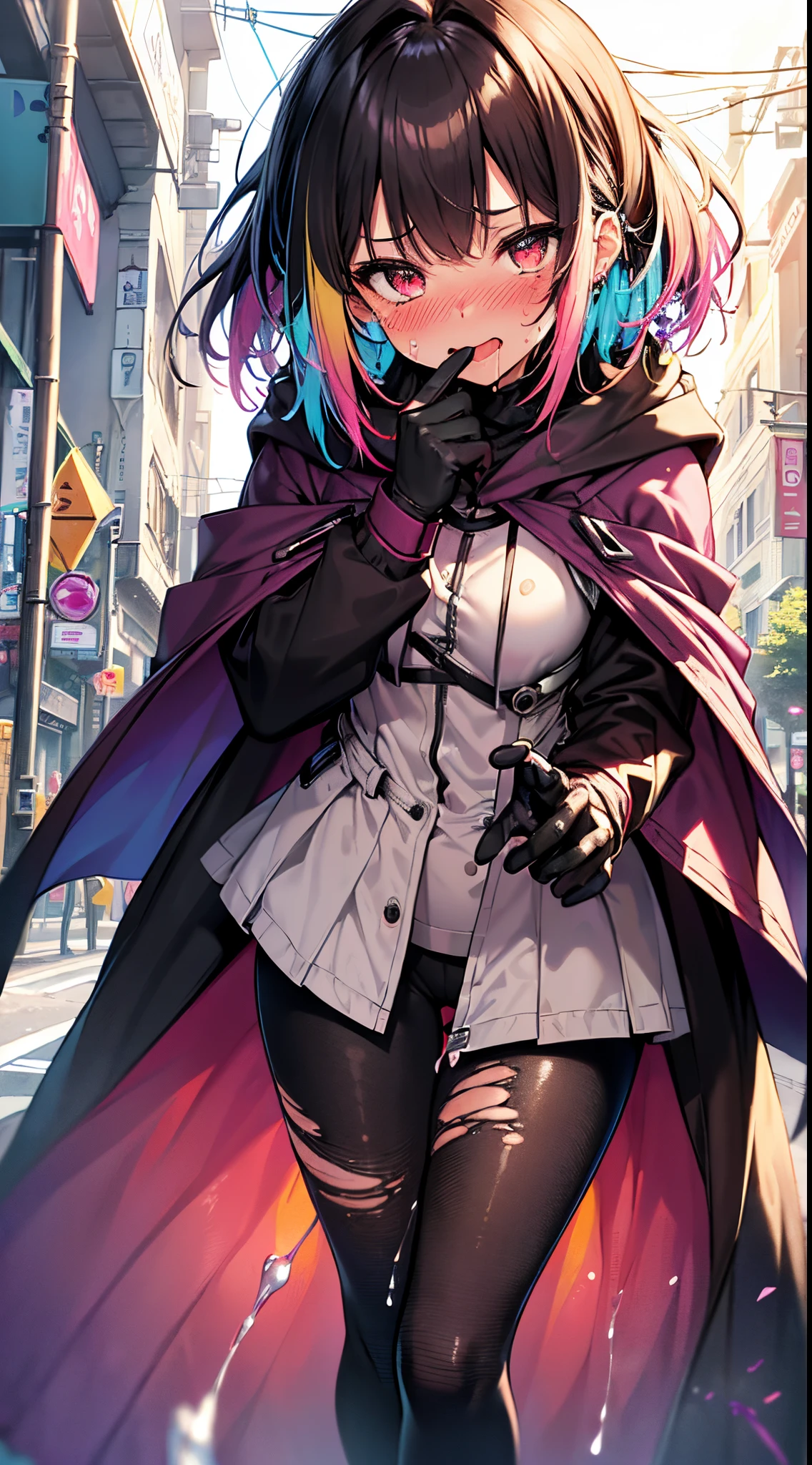 One lady,ar old,um in mouth)) ,(((blushed face))), ((cum on tongue)), (())((I'm opening my mouth)),((colorful skirts, Bodysuit and colorful short cloak))(Happy Ahe Face),Wet with sweat,(A dark-haired,)Drooling,((Street,natta))((Clothes are tattered))