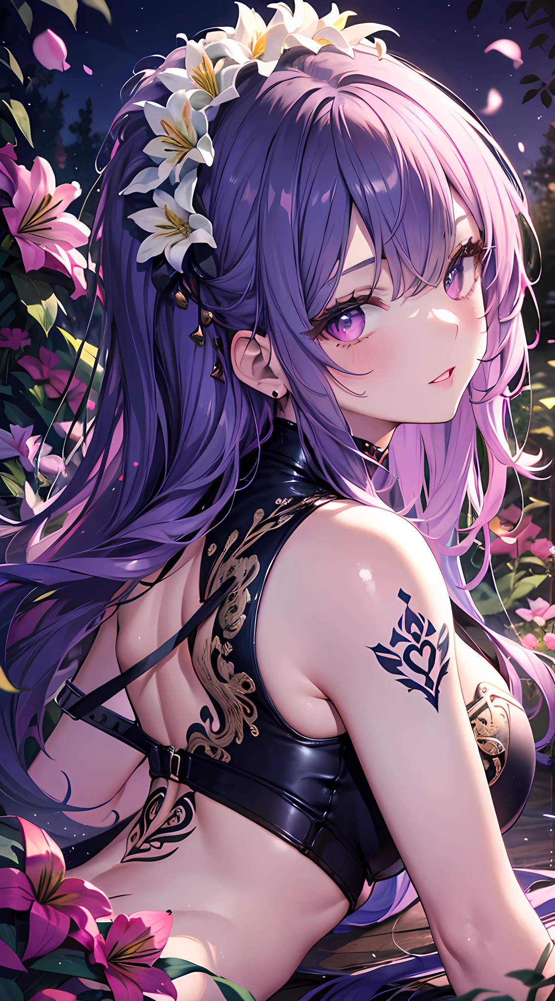 Best quality,4K,8K,A high resolution,tmasterpiece:1.2,ultra - detailed,actual, HighDynamicRange,hyper HD,Studio lighting,Ultra-fine painting,Extremely detailed description,professional,bokeh,girl,Those girls,beautidful eyes,beautiful detailed lips,Extremely detailed eyes and face,Long eyelashes,sporty attire,The landscape,With gorgeous purple hair,a pink eyes,middlebreast,Sexy figure (skin detailed: 1.3),,Luxurious black evening dress,The garden is full of lilies,Happy,face flushed,during night,themoon,Loose flowers,Elegant,Smooth skin,The mouth opens slightly,lipsticks,tattoo is,Lie down