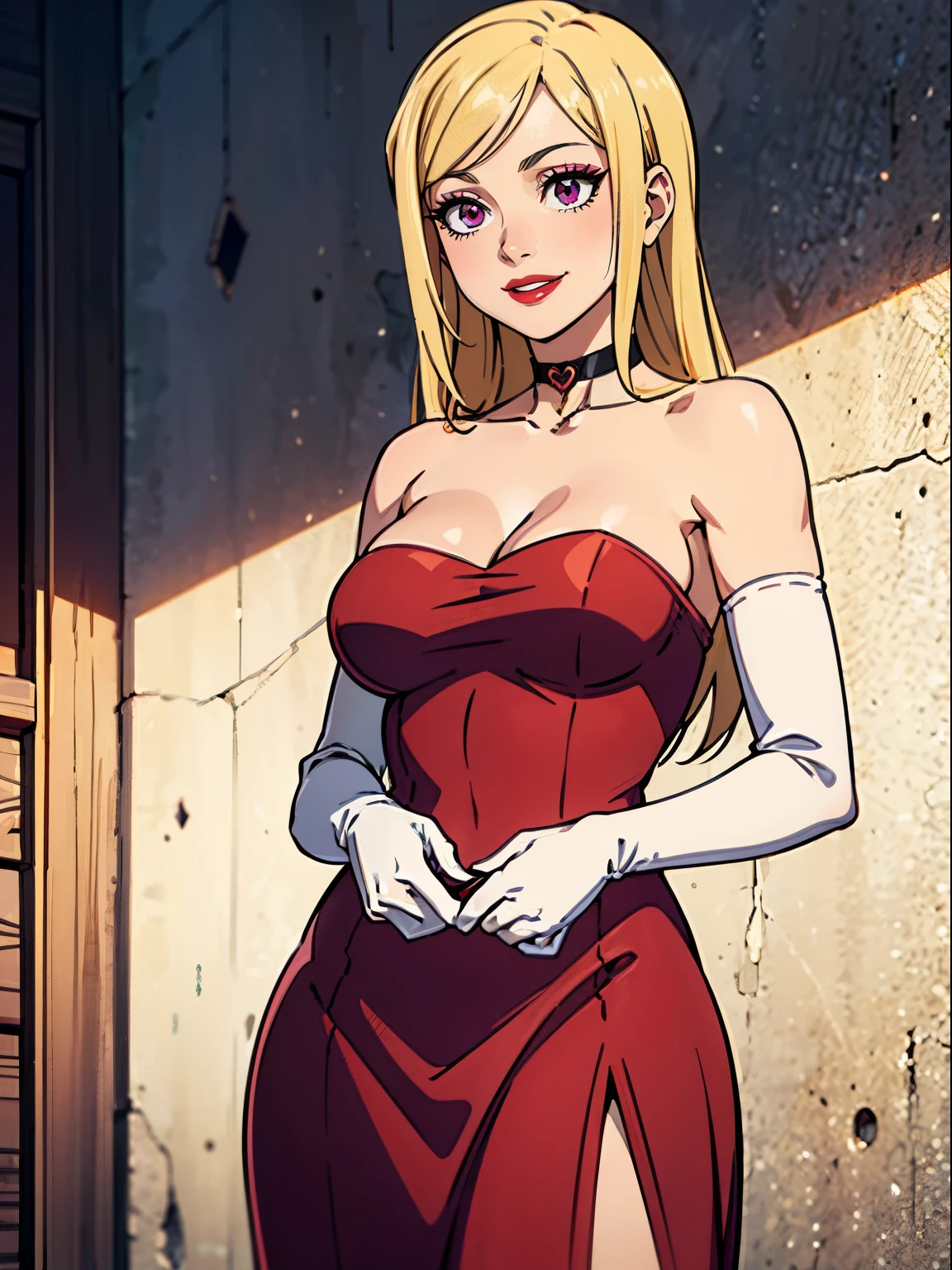 Lucy_Heartfilia, long hair, brown eyes, blonde hair, red dress, long dress, strapless dress, long white elbow gloves, smile, light red lipstick, dark purple eye shadow, makeup, black choker, cowboy shot