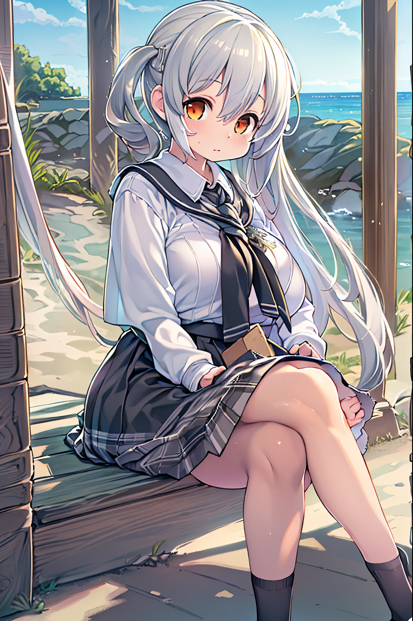 Beautiful illustration、top-quality、cute it girl、(transform sequence)、((Japanese maid style swimsuit))、10y old、elementr beautiful girl、Fractal Art、baby-face、((stright long ))、Beful big drooping eyes、A smile、Full Body Display、(1 persons)、shortsleeves、Calm sea(knee high socks)、is standing、swim wears、