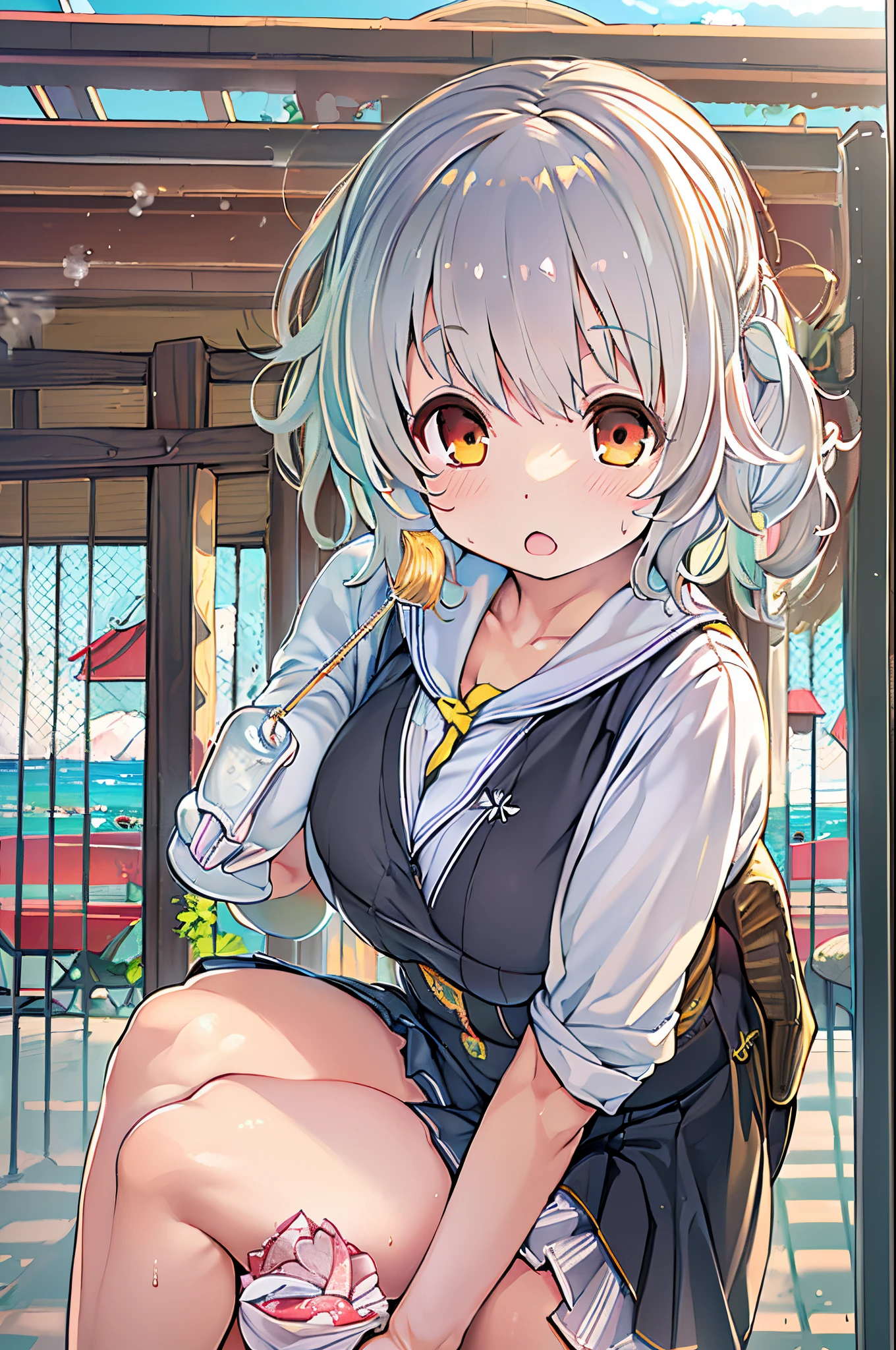 ((masutepiece)), ((Best Quality)), ((hight resolution)), ((the Extremely Detailed CG Unity 8K Wallpapers)), Solo, Tachibana plays, Tan School Uniform, Black skirt, White socks, Outdoors, Face, curtained hair, Beach, parted hair, Silver hair,huge-breasted