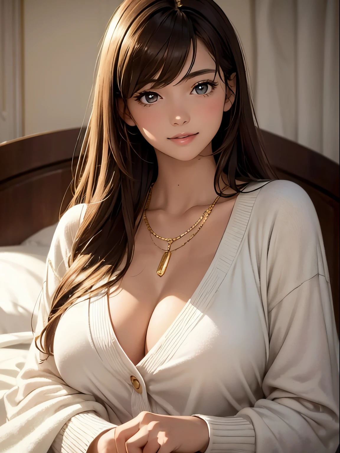 Masterpiece, 1 girl, girl wearing white cardigan, brown-haired girl covered with blankets lying in bed, 19 years old, smooth skin, shiny skin, shiny hair, clear eyes, (Looking down at viewer: 0.8), smiling slightly, tinted cheeks, open mouth, bangs, white sleeves, white clothes, 1 girl, soft skin, large breasts, glowing skin, cinematic lighting, rich lighting, room lighting, simple gold necklace, diamond necklace, (Masterpiece: 1.0), (Realistic: 1.4), (Soft Focus: 1.2).