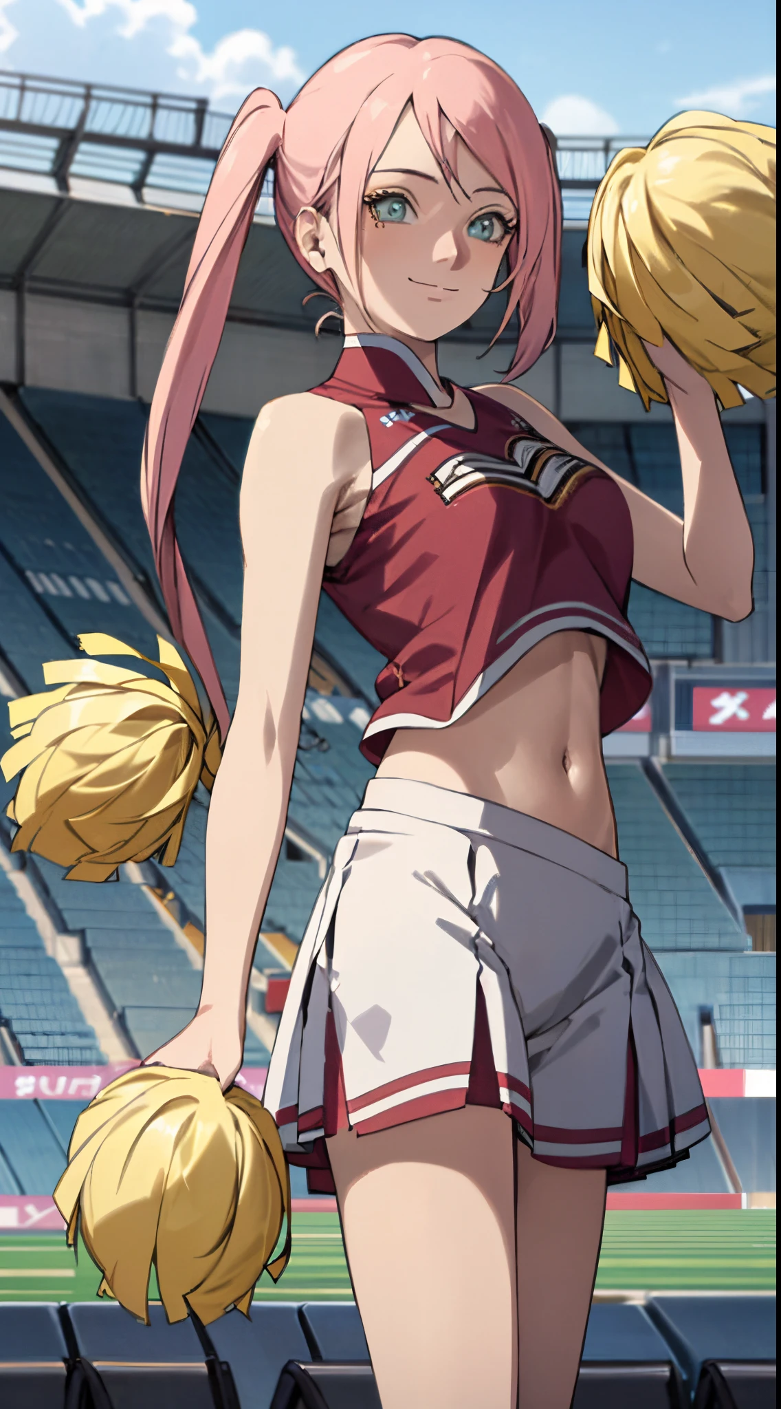 1 girl, japanese, , white skin, medium chest, watching the view, (smile:1.5), 
beautiful detailed eyes, (long hair:1.4, twintails:1.7), (navel:1.1), 
(current cheerleader style:1.5), sports top exposed in the center, cheering, jumping, 
(beautiful scenery), day time, (stadium:1.5), 
(8k, top-quality, masterpiece​), beautiful illustration, cowboy shot,
