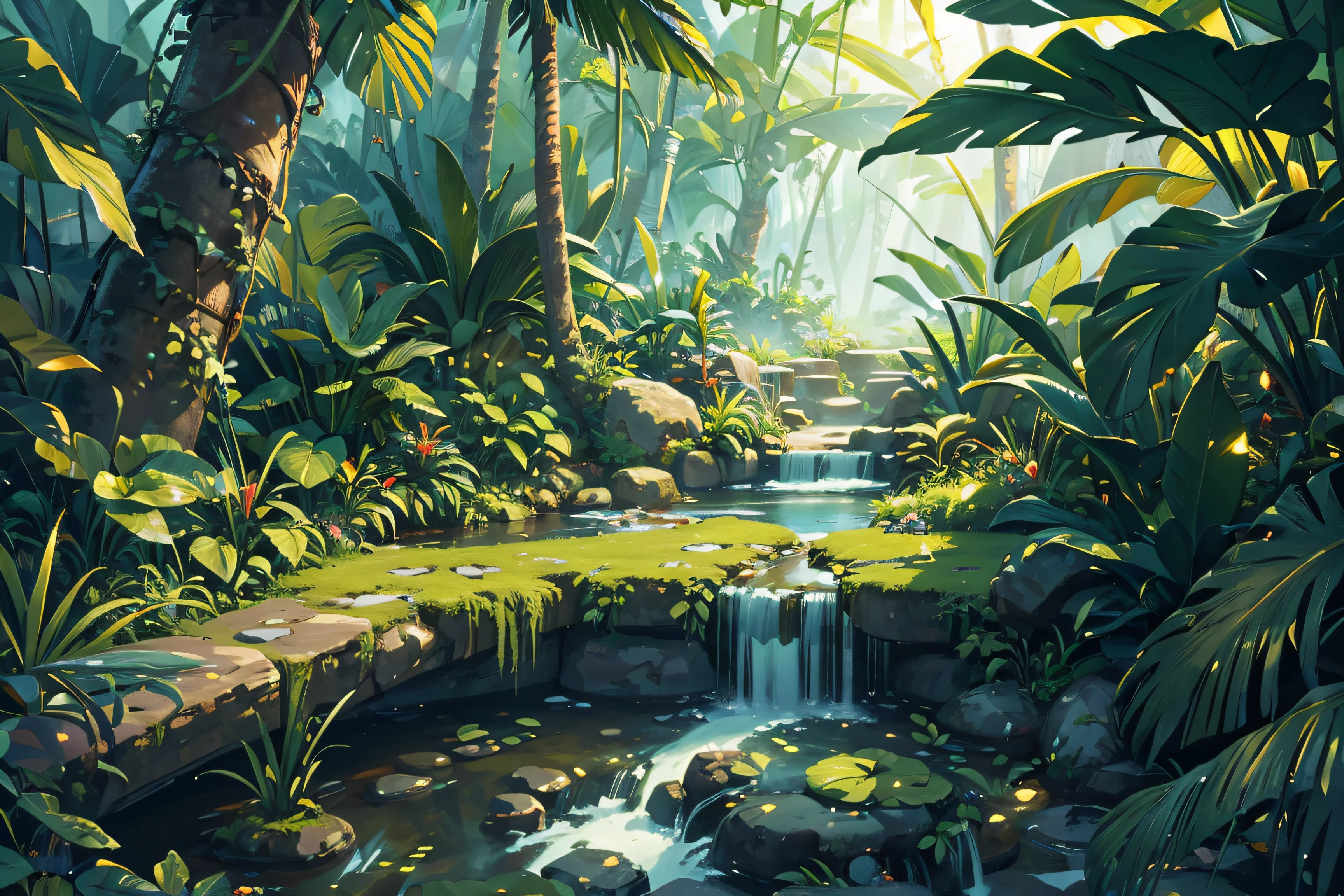 (illustrations : 1.0), Epic composition, photorealistic lighting, HD detail, masterpiece, Best quality at best, (Highly detailed CG integrated 8k wallpaper) , jungle area, jungle