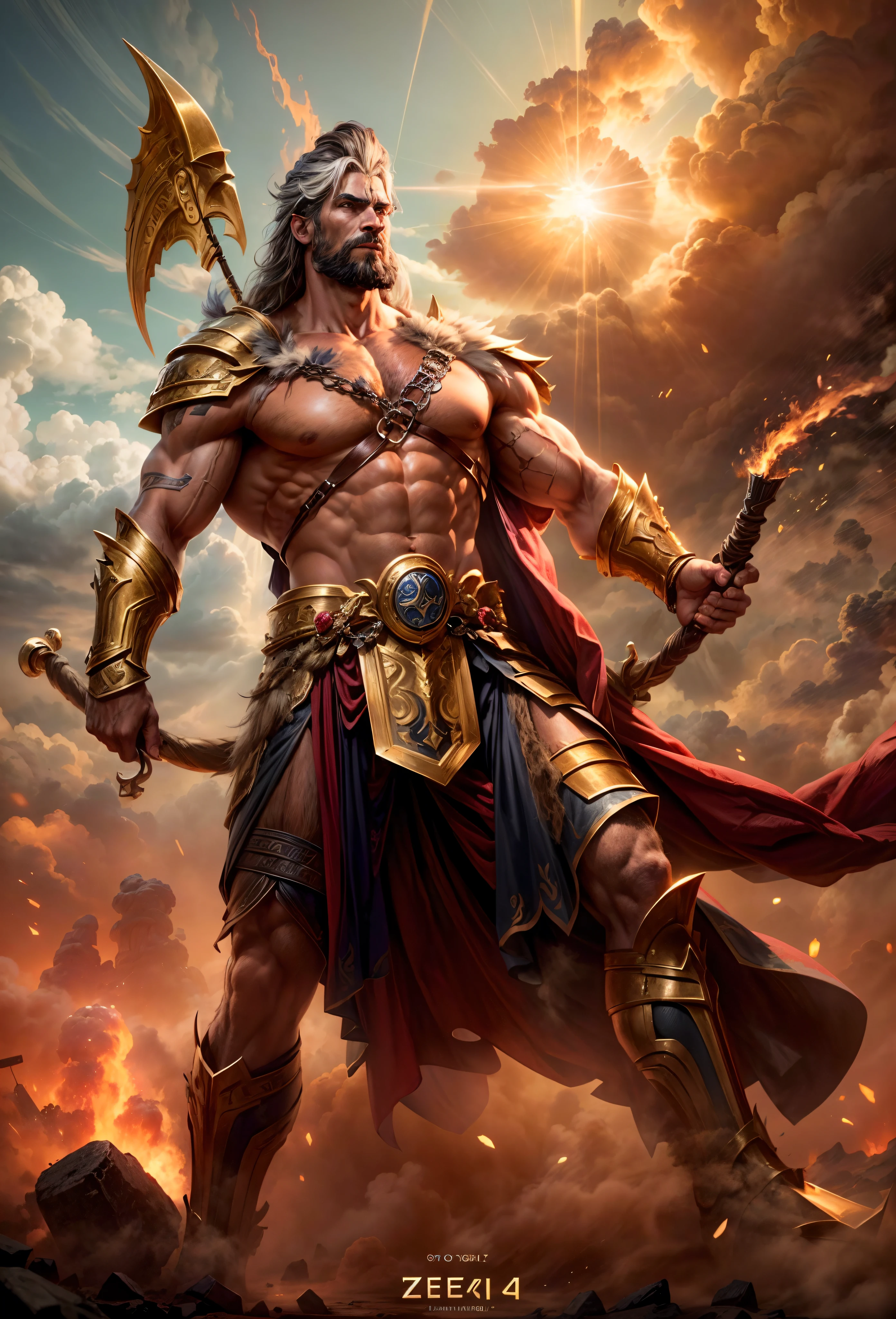 Battle of the Gods, The world was destroyed, Zeus and Hades are at war，Giant Titan，(1.4x realism，8K, hyper HD, Masterpiece, ccurate, Textured skin, High details, Best quality, Award-Awarded，Long-range shooting，Sense of distance，From the side Side, Anatomically correct, Textured skin, Super detail)