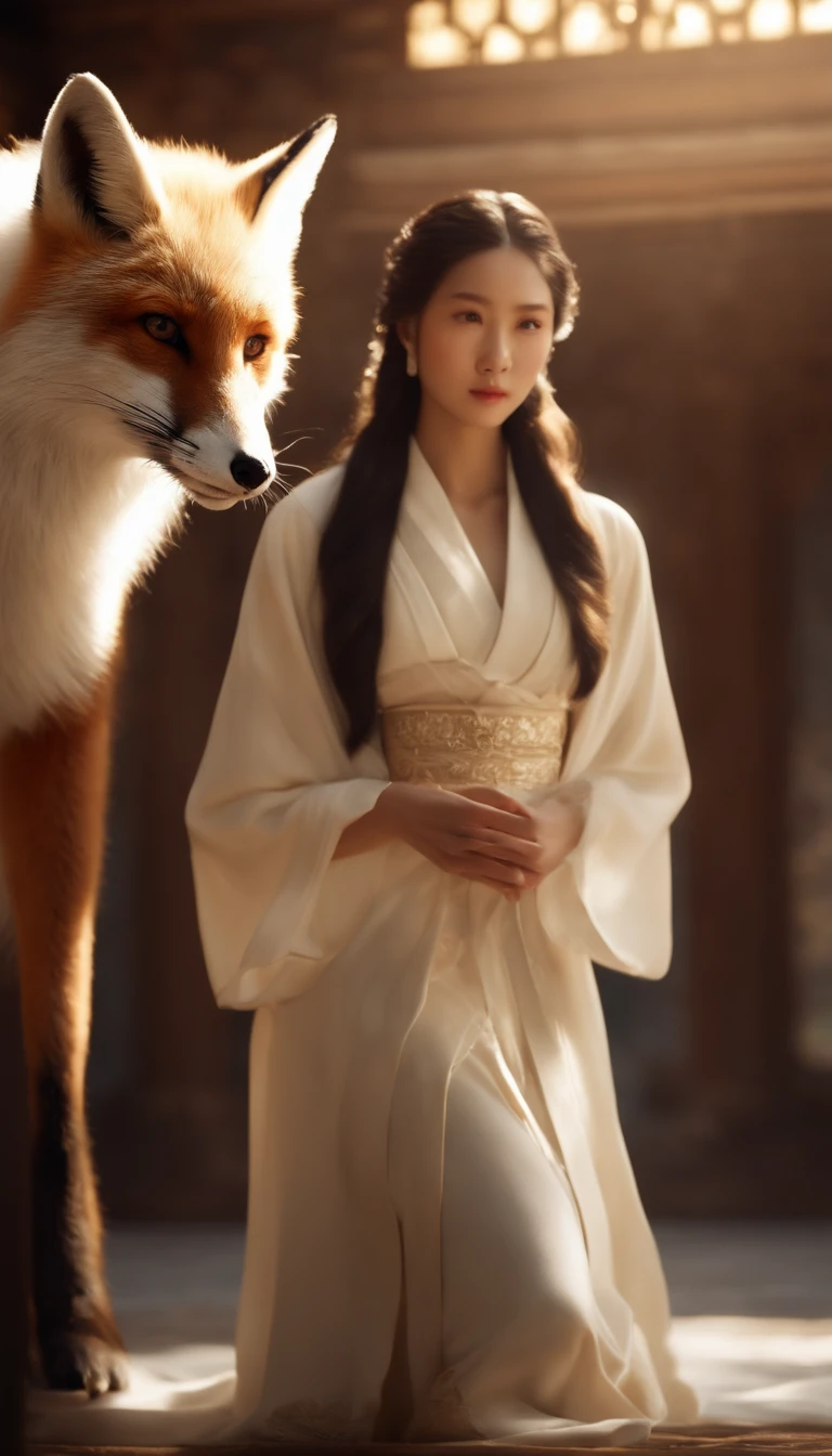 A high resolution, Female character with fox characteristics, Noble temperament, pointy ears, Keen eyes, fox charm, (((seductiv))), Gorgeous white robe, fluffy white tail, Holding a little white fox, Old Chinese palace, Dappled light and shadow, cinematic ligh, Neoclassicism, god rays, Hyperrealism, Eye-Level Shot, award winning