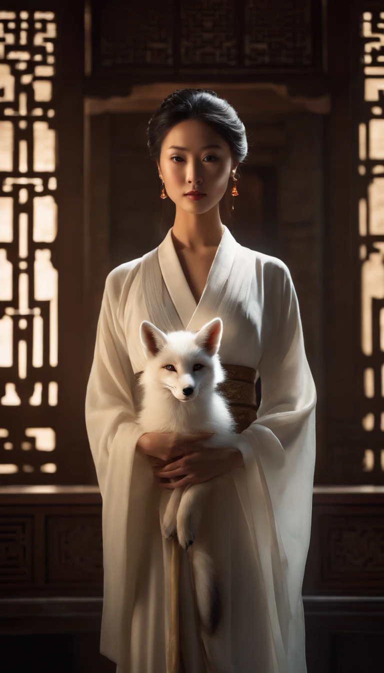 A high resolution, Female character with fox characteristics, Noble temperament, pointy ears, Keen eyes, fox charm, (((seductiv))), Gorgeous white robe, fluffy white tail, Holding a little white fox, Old Chinese palace, Dappled light and shadow, cinematic ligh, Neoclassicism, god rays, Hyperrealism, Eye-Level Shot, award winning
