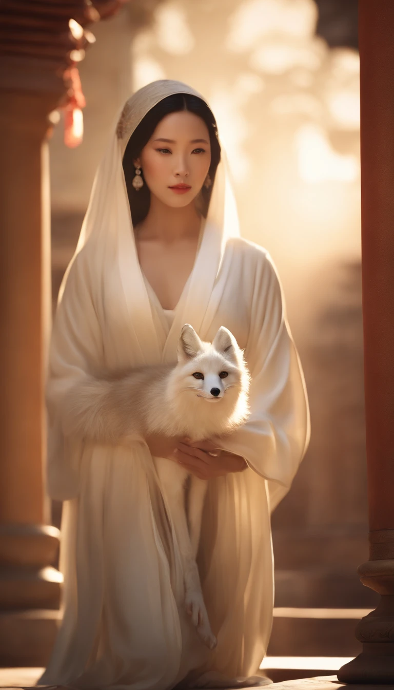 A high resolution, Female character with fox characteristics, Noble temperament, pointy ears, Keen eyes, fox charm, (((seductiv))), Gorgeous white robe, fluffy white tail, Holding a little white fox, Old Chinese palace, Dappled light and shadow, cinematic ligh, Neoclassicism, god rays, Hyperrealism, Eye-Level Shot, award winning